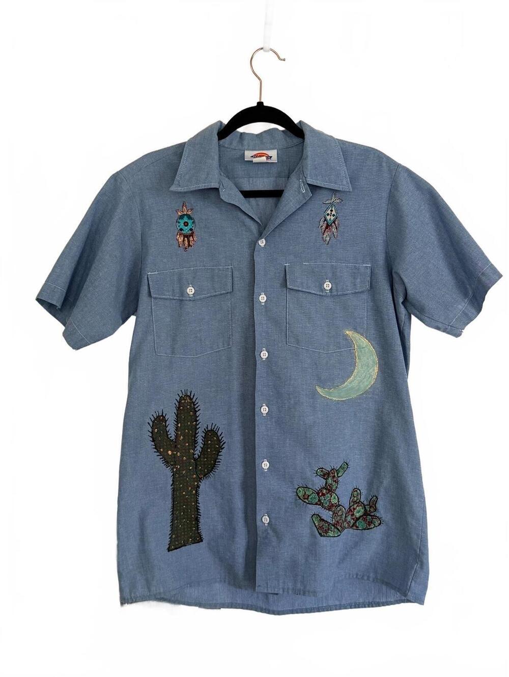 Vintage Dickies Hand Painted Southwest Western Folk Art Wearable Work Shirt M